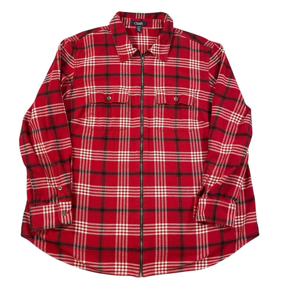 Chaps Full-Zip Flannel Shirt Women's XL Red Plaid All Cotton Long Sleeved